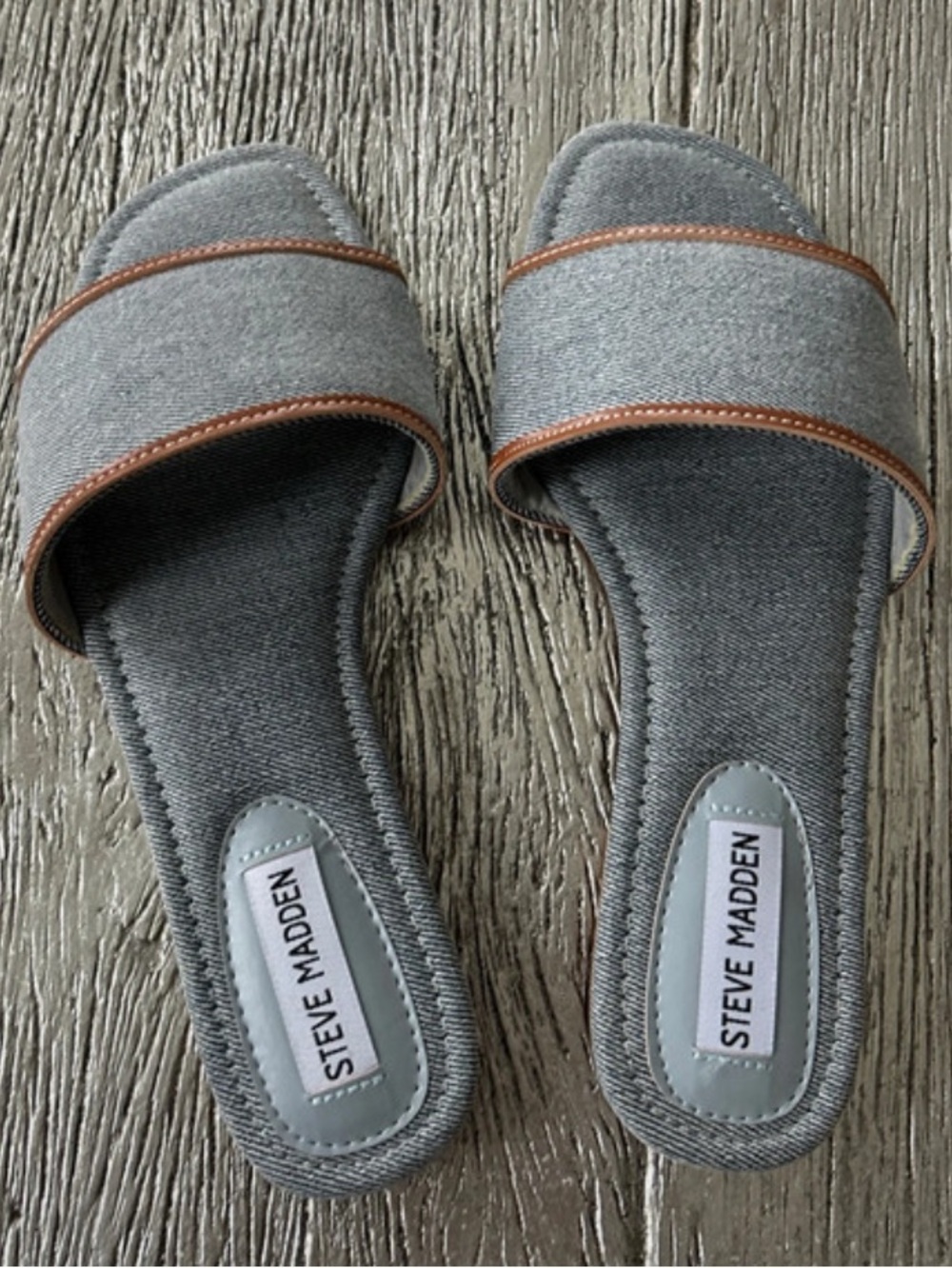 Steve Madden Blue Denim Slide Sandals with Brown Trim Piping New